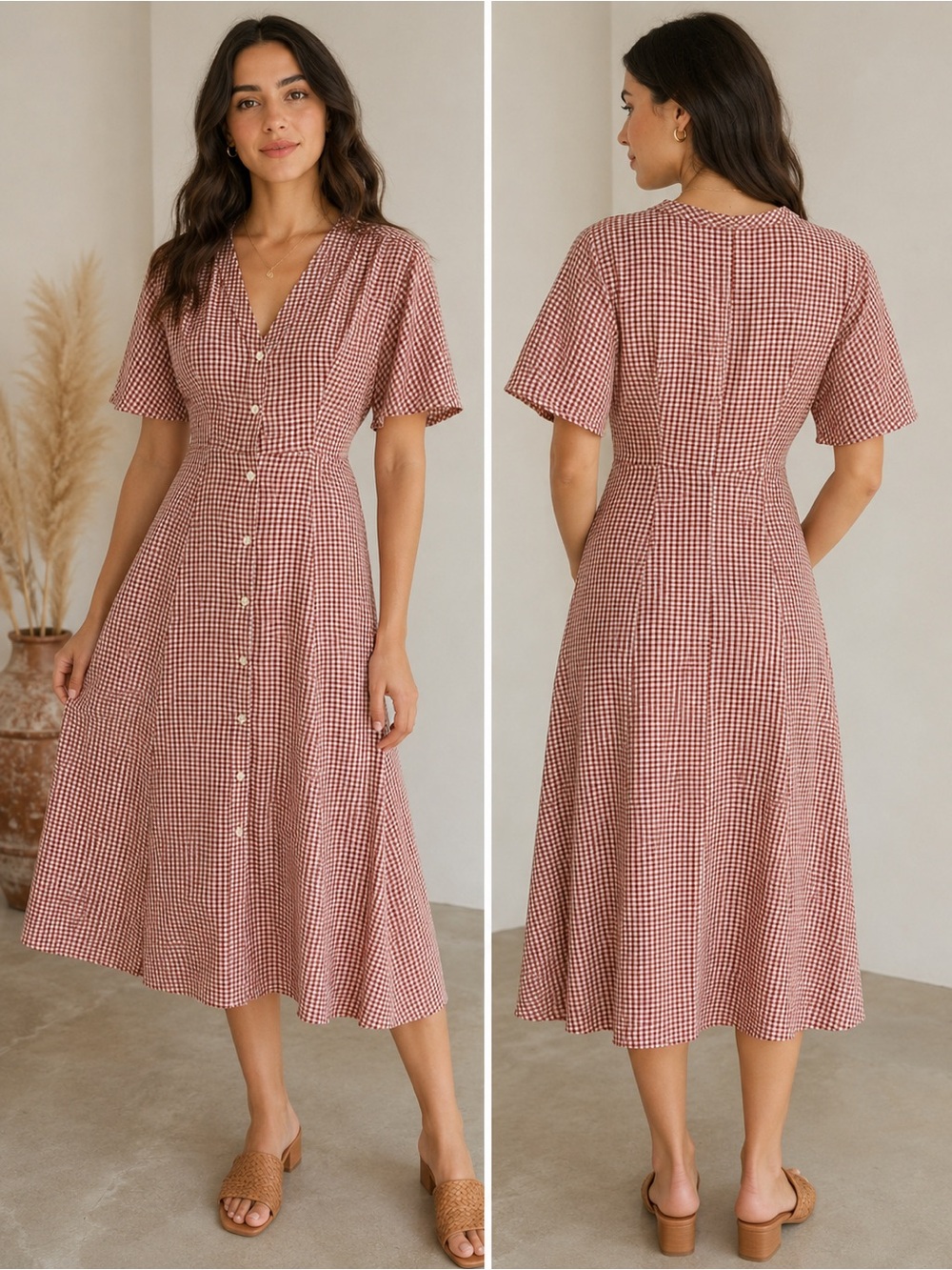 Mango Red Gingham Button-Front Midi Dress